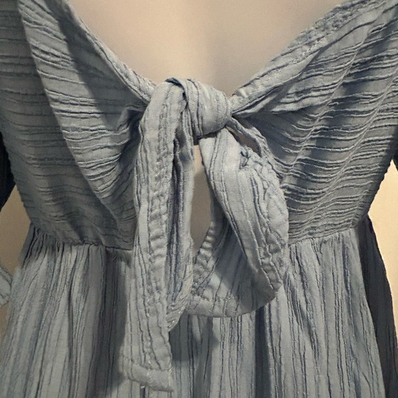 Lush Sz S Whimsical Blue Cottagecore Mini Dress Puff Sleeves Tie Back Flowy Chic - Picture 7 of 8